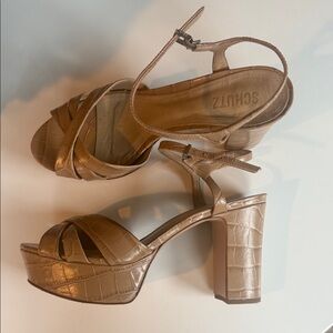 Schutz Croc-Embossed Tan Platform Heels - 10